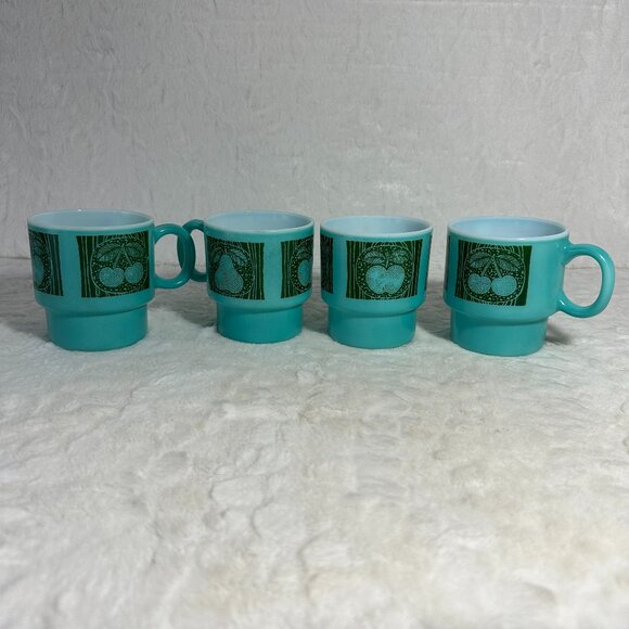 4 Vintage Teal Blue Stackable Coffee Mug Cups Turquoise Hazelware Fruit W6809 - Picture 2 of 12